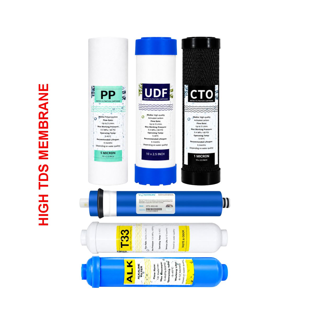 6 Stage Reverse Osmosis Filter Set with 80GPD High TDS Vontron Membrane and Post Alkaline Filter